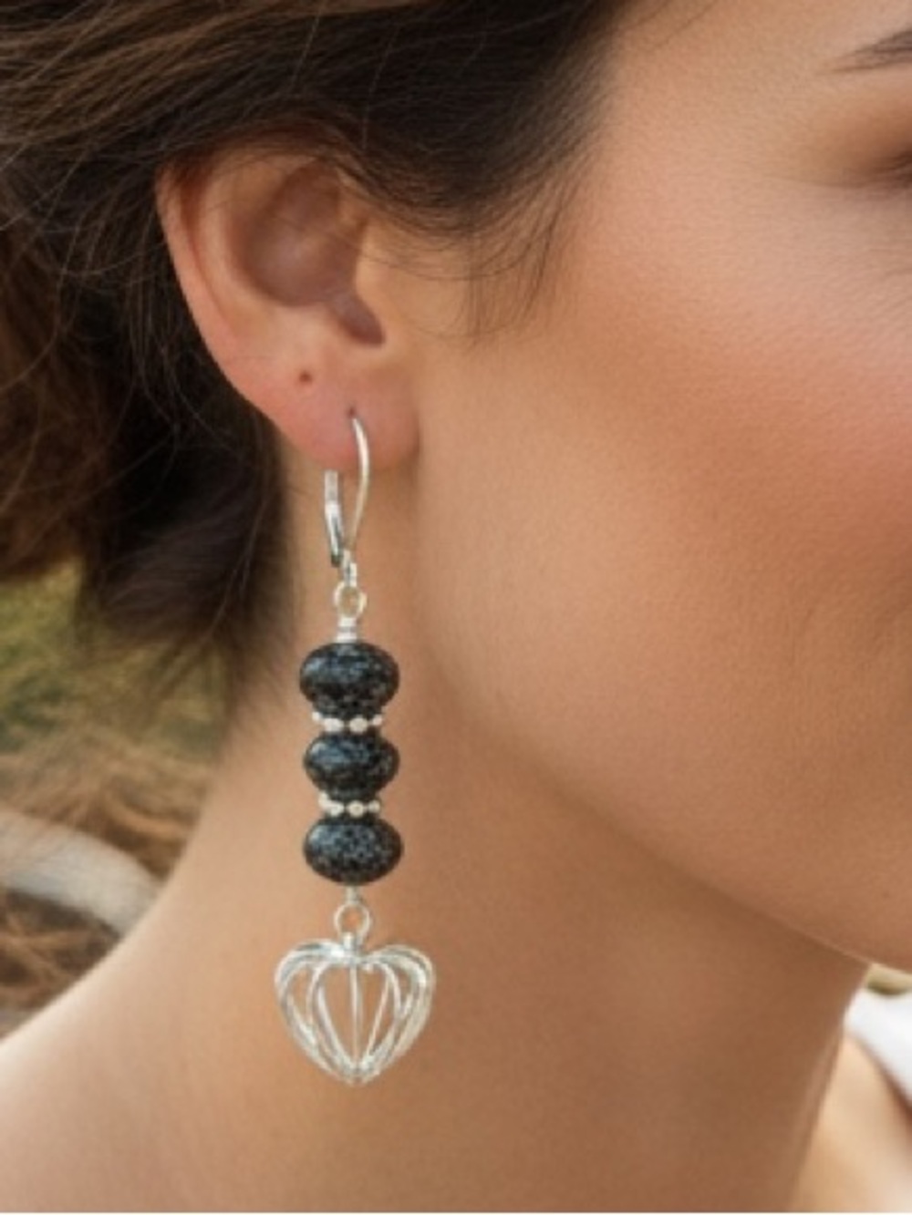 HAND CRAFTED BLACK CZECH GLASS SILVER CAGE DROP EARRINGS